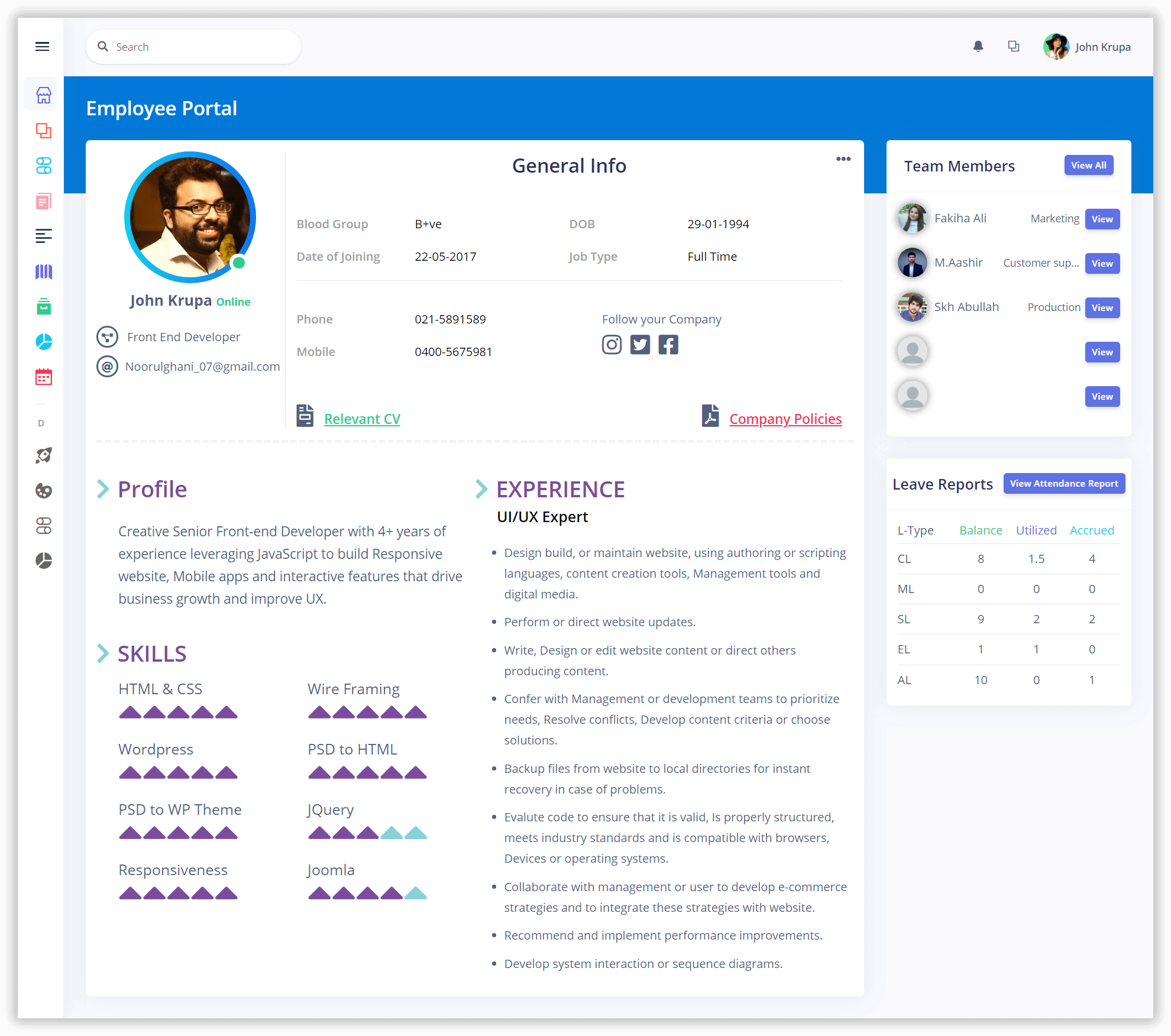 Employee portal of Human Resource Application (HRIS) of Gluon ERP software. Gluon ERP is the best ERP System in Pakistan, UAE, Saudi Arabia, Africa, Europe, USA.
