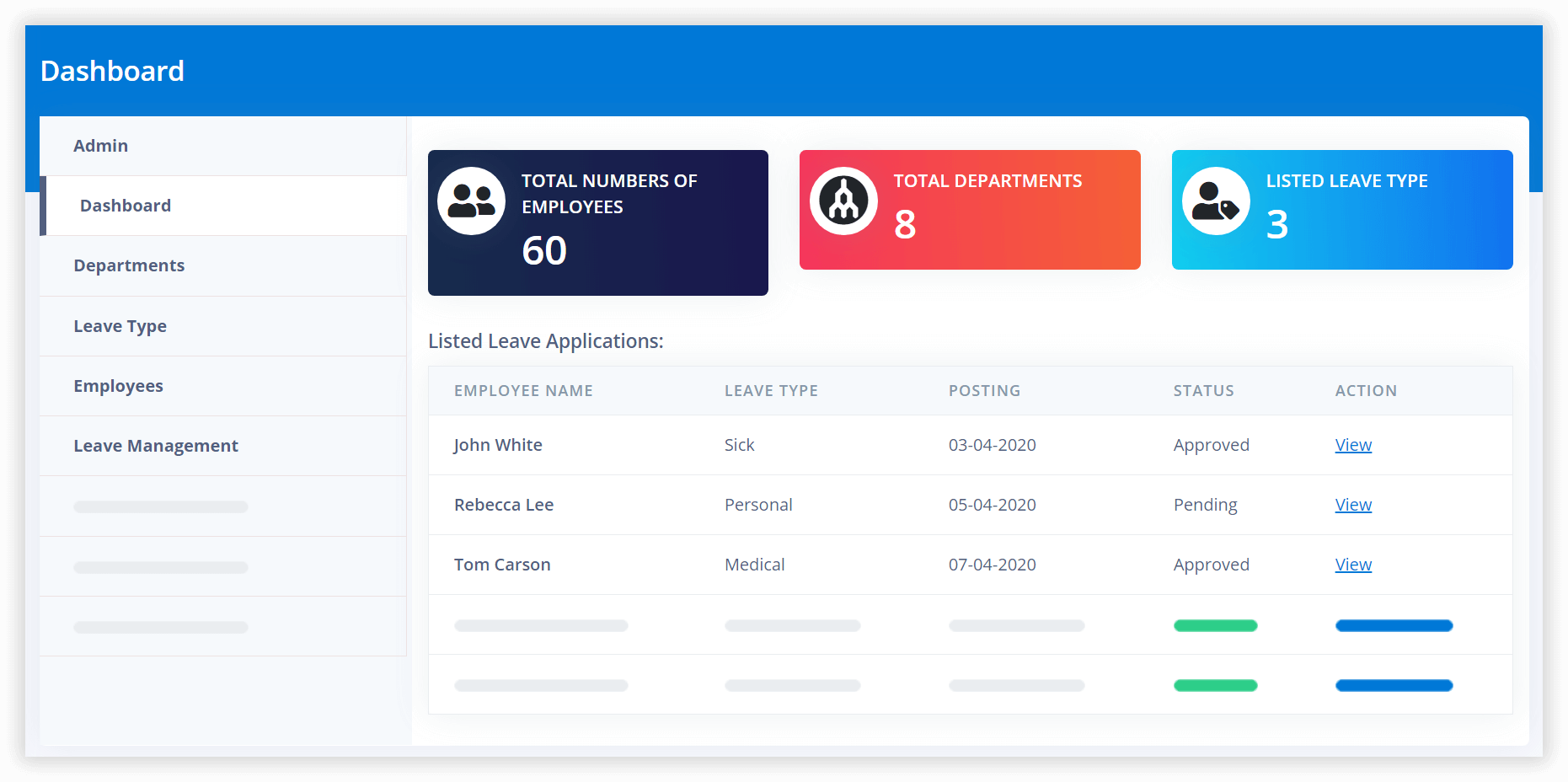 leave-Dashboard of Human Resource Application (HRIS) of Gluon ERP software. Gluon ERP is the best ERP System in Pakistan, UAE, Saudi Arabia, Africa, Europe, USA.